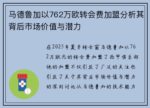 马德鲁加以762万欧转会费加盟分析其背后市场价值与潜力